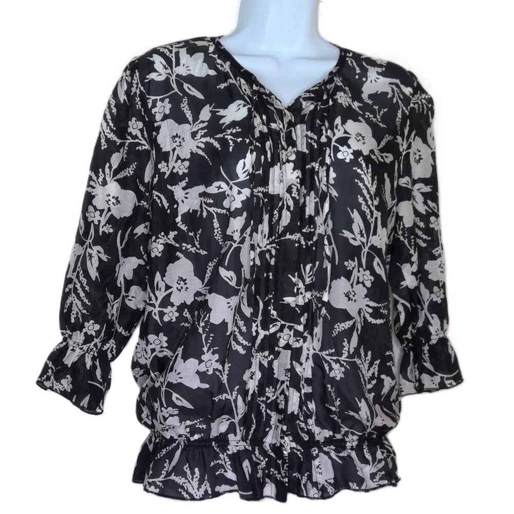 Dress Barn Floral Top Semi-Sheer Flowy Blouse Black & White 3/4 Sleeve Ruffles M